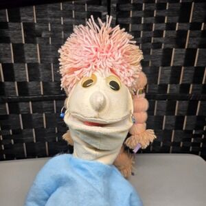 Vintage Large Hand Puppet Yarn Bubble Braids Blue Felt Shirt Hoop Earrings Retro